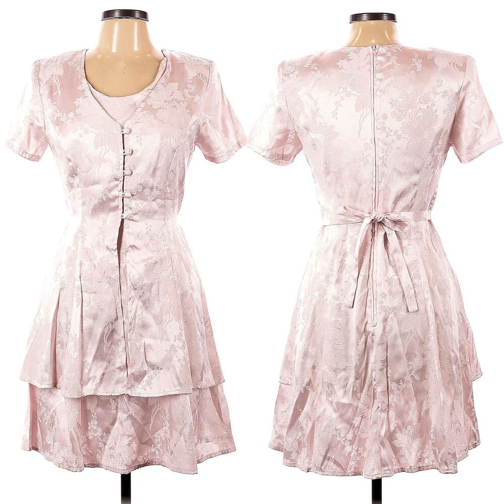Vintage 90s Brett Alixander Mini Dress Floral Embossed Cottagecore Pink 11/12
